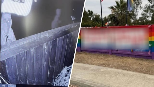 An image of one of the taggers captured by a surveillance camera next to a photo of the tagged rainbow fence.