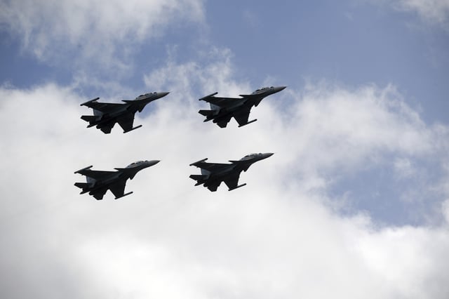 Stock image. Sukhoi Su-30SM multirole jet fighters of the Russian Aerospace Forces fly in echelon formation during a rehearsal on April 8, 2025, for the Victory Day parade in Moscow.