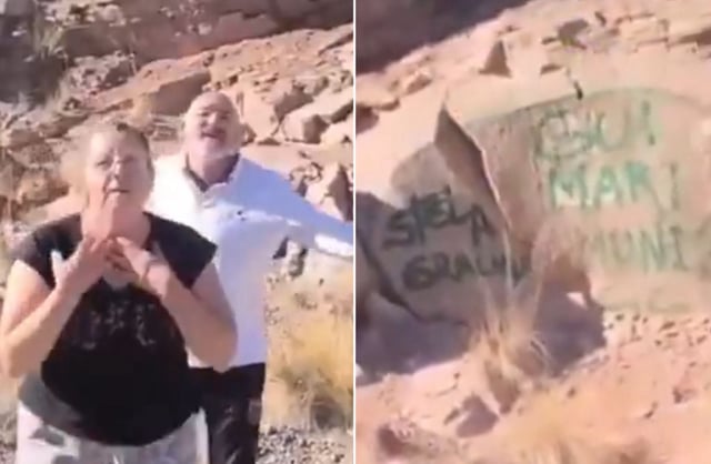 Las turistas escribieron sus nombres con aerosol verde