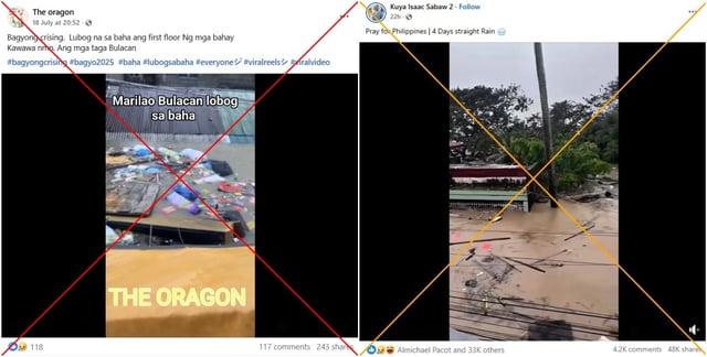 Screenshots of the misleading Facebook posts captured on July 22 and July 23, with X marks added by AFP