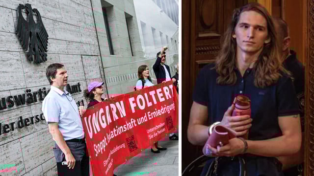 Protestaktion für „Maja T.“ (rechts) vor dem Auswärtigen Amt. Ganz links: Vater Wolfram Jarosch.