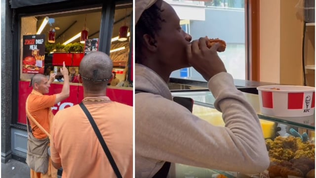 ISKCON devotees chant 'Hare Krishna' outside a KFC outlet in London. (Photos: Manjari Gopika/Instagram)