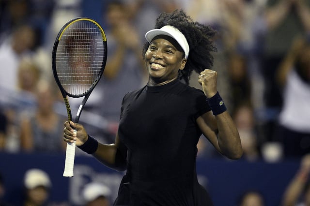 Venus Williams celebrates her win over Peyton Stearns during a match at the Citi Open tennis tournament Tuesday, July 22, 2025, in Washington.