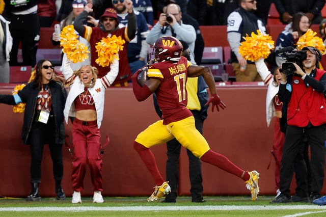 Nov 24, 2024; Landover, Maryland, USA; Washington Commanders wide receiver Terry McLaurin (17) scores a touchdown in the final minute of the fourth quarter against the Dallas Cowboys at Northwest Stadium. Mandatory Credit: Geoff Burke-Imagn Images