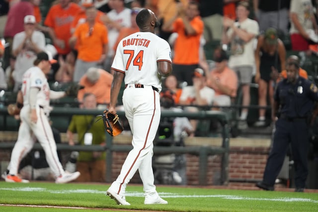 BALTIMORE, MD - JUNE 24: Félix Bautista #74 of the Baltimore Orioles walks back to the dugout out during a baseball game against the Texas Rangers at Oriole Park at Camden Yards on June 24, 2025 in Baltimore, Maryland.