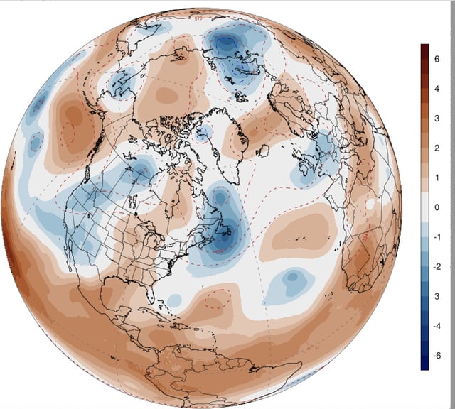 A wavy jet stream loops across the Northern Hemisphere. These locked-in configurations can trap heat domes over one continent while steering cooler air into others.