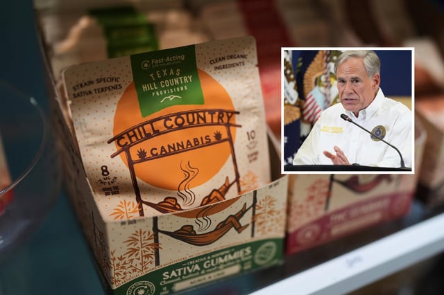 Main: THC products that Texas lawmakers had been seeking to ban, seen at the Dope Daughters dispensary, Thursday, May 29, 2025, in Austin, Texas. 
Inset: Texas Governor Greg Abbott speaks during a roundtable discussion with President Donald Trump, first responders and local officials at Hill Country Youth Event Center in Kerrville, Texas.