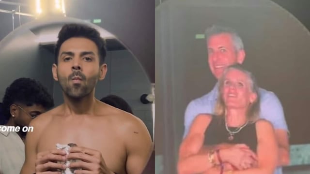Kartik Aaryan recreates the viral clip from Coldplay's 'kiss cam'.