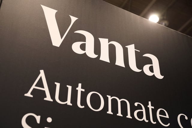 The logo of automated security and compliance platform Vanta is displayed at the Collision conference in Toronto, Ontario, Canada June 23, 2022. Picture taken June 23, 2022. REUTERS/Chris Helgren/File photo