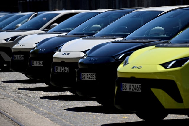 FILE PHOTO: BYD Dolphin Surf electric cars at a vehicle presentation event in Berlin, Germany May 21, 2025. REUTERS/Annegret Hilse/File Photo