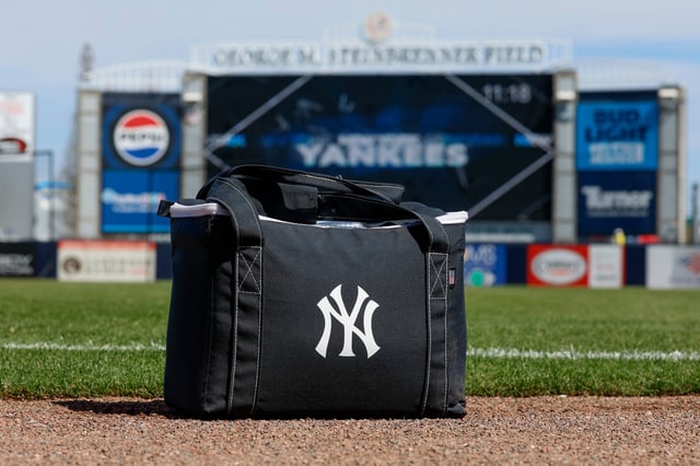 TAMPA, FLORIDA - MARCH 1: Detail view of the New York Yankees logo on an equipment bag prior to a spring training game against the Houston Astros at George M. Steinbrenner Field on March 1, 2025 in Tampa, Florida.