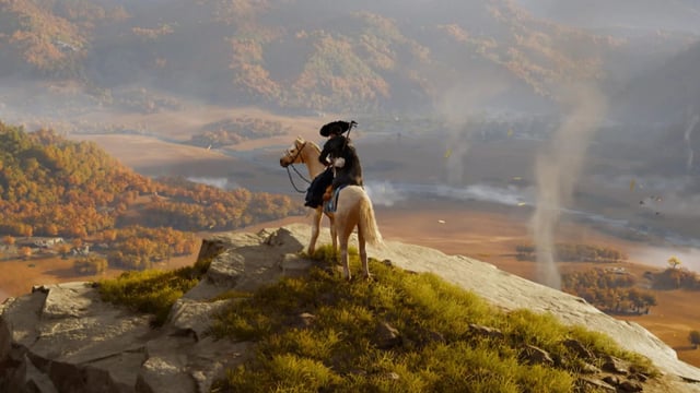 Atsu on a horse looking over a forest landscape