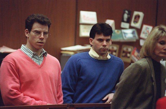 Erik Menendez, left, and his brother Lyle, right, listen during a pretrial hearing on Dec. 29, 1992, in Los Angeles after the August 1989 shotgun deaths of their wealthy parents, Jose and Mary Louise Menendez of Beverly Hills.