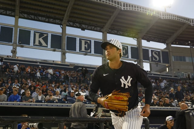 TAMPA, FLORIDA - FEBRUARY 28: Spencer Jones #78 of the New York Yankees takes the field for the first inning during a spring training game against the Toronto Blue Jays at George M. Steinbrenner Field on February 28, 2025 in Tampa, Florida.