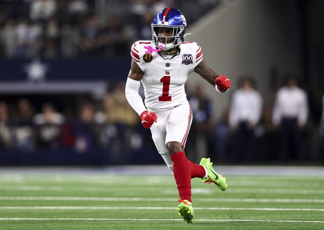 Malik Nabers #1 of the New York Giants runs downfield during the first half of an NFL football game against the Dallas Cowboys at AT&amp;T Stadium on November 28, 2024 in Arlington, Texas.