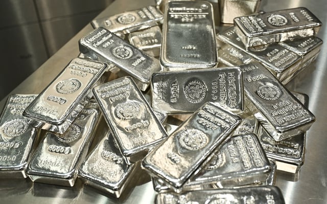 Silver bars are stacked in the safe deposit boxes room of the Pro Aurum gold house in Munich, Germany, January 10, 2025. REUTERS/Angelika Warmuth/File photo