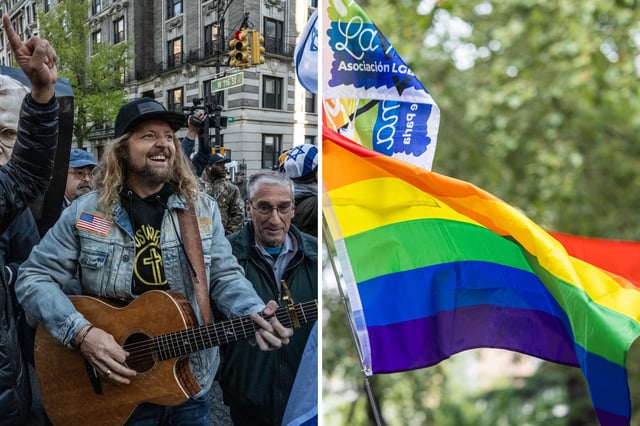 Israel supporters, including Christian evangelical Sean Feucht (C), participate in the United for Israel march outside of Columbia University on April 25, 2024 in New York City. An LGBTQ+ flag is seen on the Madrid Pride Parade on July 05, 2025 in Madrid, Spain.