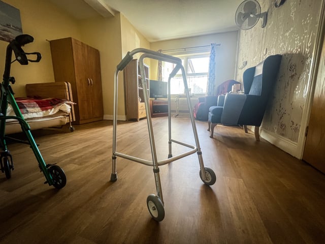 A walking frame is left in the room of an elderly resident in a residential care home, on January 22, 2022 in Bristol, England.