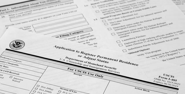 The Application to Register Permanent Residence or Adjust Status, Department of Homeland Security, U.S, Citizenship and Immigration Services Form I-485.