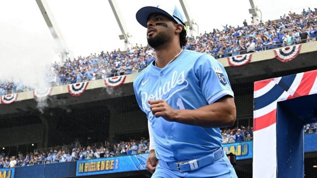 Kansas City Royals outfielder MJ Melendez takes the field for introductions during the opening day game Thursday, March 27, 2025, at Kauffman Stadium.