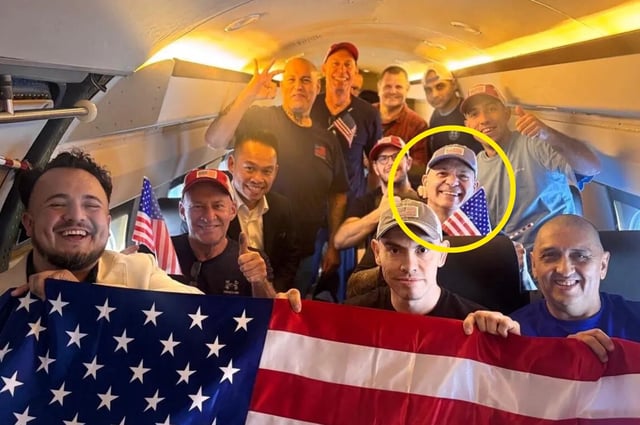 A State Department photo shows some of the 10 Americans freed from Venezuela returning to the U.S. this month. Dahud Hanid Ortiz is at center right, holding a small flag.