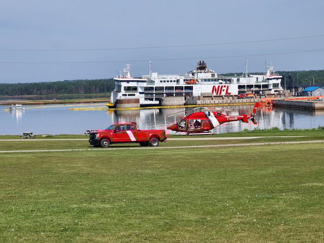 MV Holiday Island, which was damaged by fire, was secured at Wood Islands, P.E.I. on Sunday. 