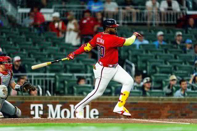 ATLANTA, GA - JUNE 27: Marcell Ozuna #20 of the Atlanta Braves hits a single during the first inning against the Philadelphia Phillies at Truist Park on June 27, 2025 in Atlanta, Georgia.