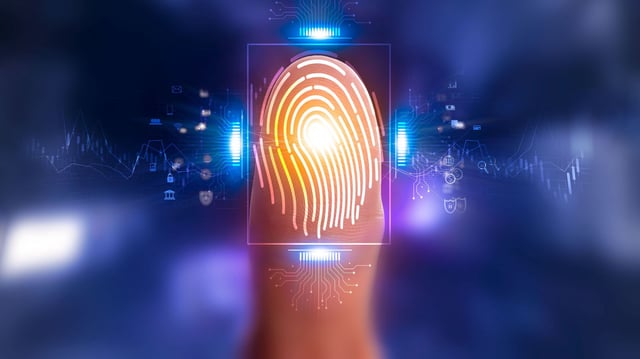 3d technology illustration A fingerprint scanner is integrated into the printed circuit. release binary code - stock photo