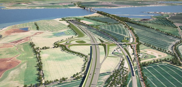 Animation der geplanten Fehmarnsundquerung, vom Festland aus gesehen, oben in der Mitte die Fehmarnsundbrücke