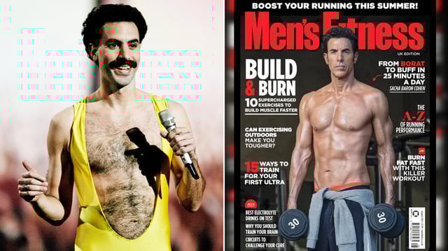 A photo composite of Sacha Baron Cohen as Borat, and the 2025 cover of Men&#39;s Fitness UK showing Sacha Baron Cohen&#39;s fitness transformation.
