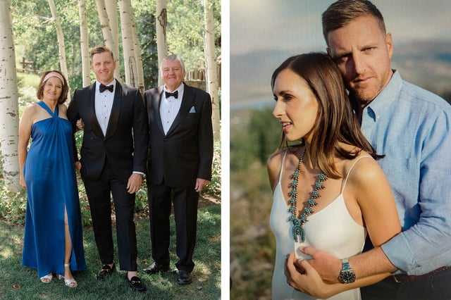 Joshua Pickles with his parents, Paula Bozinovich and Terry Pickles (left), and with his wife, Jordan Sugar-Carlsgaard. Sugar-Carlsgaard stayed home with their infant the day the boat capsized.