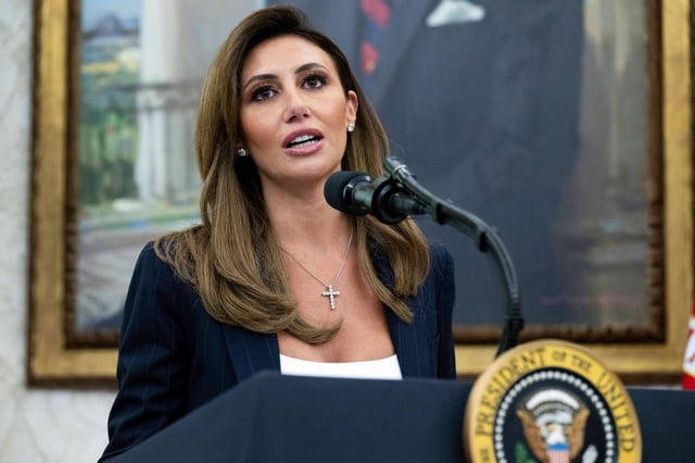 Alina Habba speaks after being sworn in as interim US Attorney General for New Jersey, in the Oval Office of the White House in Washington, on March 28, 2025. (Pool File via AP)