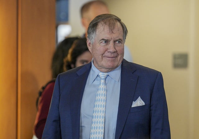 Dec 12, 2024; Chapel Hill, NC, USA;   North Carolina Tar Heels new head coach Bill Belichick walks to his seat for the announcement of his hiring  at Loudermilk Center for Excellence. Mandatory Credit: Jim Dedmon-Imagn Images/File Photo