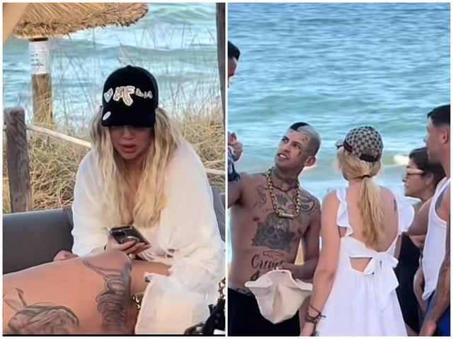 Wanda Nara y L-Gante, en un beach club de la isla.