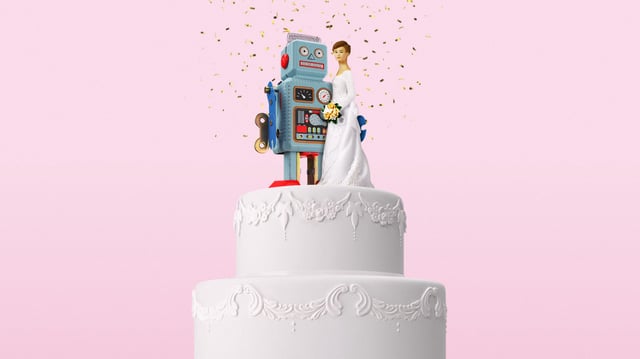 Photo composite illustration of a wedding cake with a human bride and robot groom topper