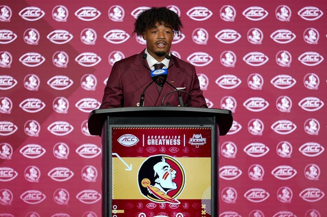 Jul 23, 2025; Charlotte, NC, USA; FSU quarterback Tommy Castellanos answers questions from the media during ACC Media days at Hilton Charlotte Uptown. Mandatory Credit: Jim Dedmon-Imagn Images