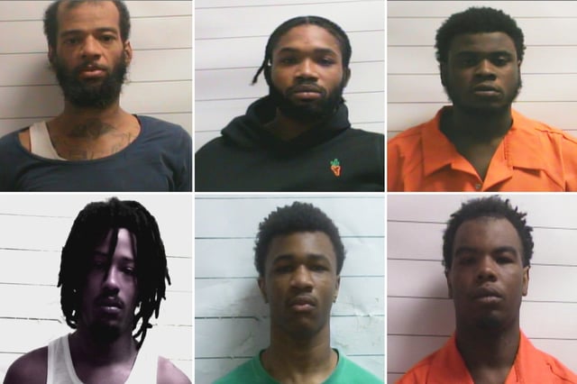 FILE - This photo combo shows inmates who escaped from a New Orleans jail, from left top: Keith A Lewis, Dkenan Dennis, Gary C Price, bottom from left, Robert Moody, Kendell Myles, Corey E Boyd. (Orleans Parish Sheriff&#39;s Office via AP, File)