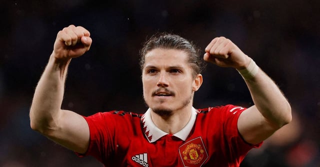 Soccer Football - FA Cup - Semi Final - Brighton & Hove Albion v Manchester United - Wembley Stadium, London, Britain - April 23, 2023 Manchester United's Marcel Sabitzer celebrates after winning the penalty shootout Action Images via Reuters/Andrew Couldridge/File Photo
