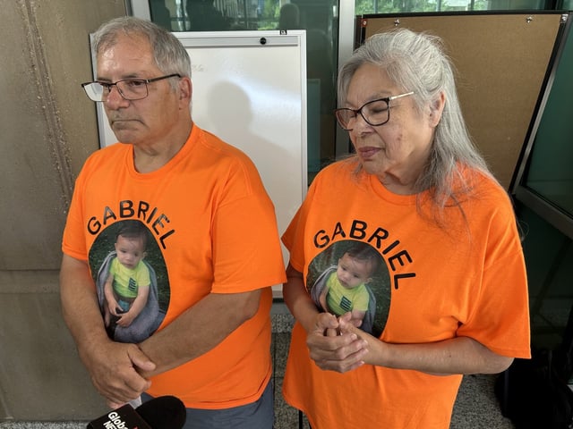 Gerry Bakoway and his partner, Alice Finlay, react to a six-year sentence given to the parents of their 18-month-old great nephew, Gabriel Pasqua-Sinclair, in Calgary, on Wednesday, July 23, 2025. The toddler was in their care until two months before he was returned to his parents. He died after being scalded in 2021. THE CANADIAN PRESS/Bill Graveland