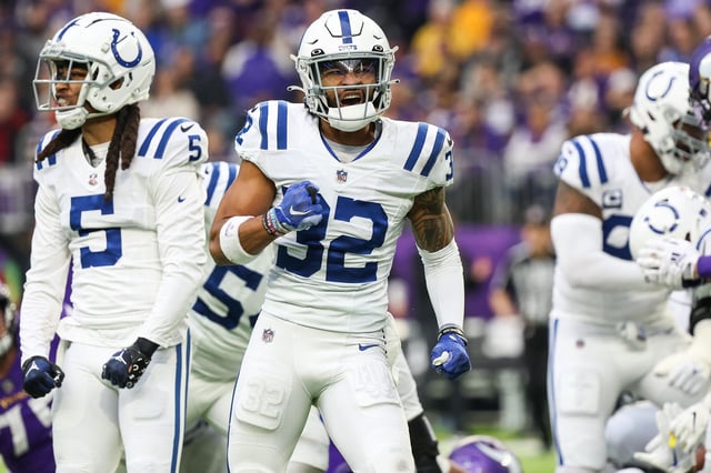 Dec 17, 2022; Minneapolis, Minnesota, USA; Indianapolis Colts safety Julian Blackmon (32) reacts to a fourth down stop during the first quarter against the Minnesota Vikings at U.S. Bank Stadium. Mandatory Credit: Matt Krohn-USA TODAY Sports/File Photo