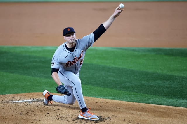 Jul 20, 2025; Arlington, Texas, USA; Detroit Tigers pitcher Tarik Skubal (29) throws a pitch against the Texas Rangers during the first inning at Globe Life Field. Mandatory Credit: Tim Heitman-Imagn Images/File Photo