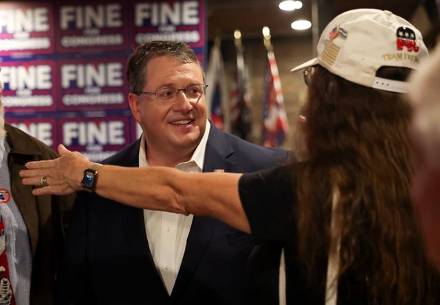 Florida's Republican state Sen. Randy Fine greets people after winning the 6th District race to replace GOP former Rep. Michael Waltz, who is now President Donald Trump’s national security adviser on April 1, 2025 in Ormond Beach, Florida.