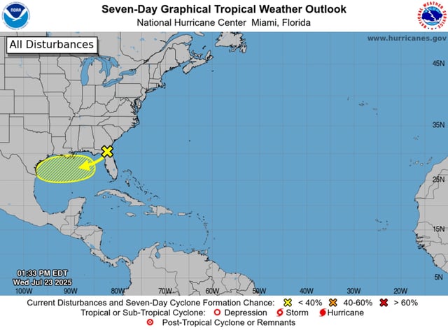 A tropical weather outlook shows the disturbance currently being monitored by the National Hurricane Center.