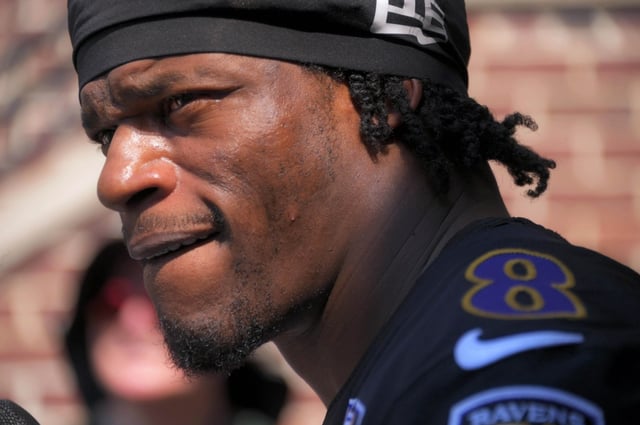 Baltimore Ravens quarterback Lamar Jackson speaks to the press during the first day on training camp. (Karl Merton Ferron/Staff)