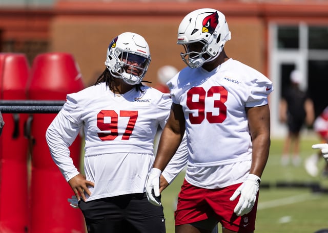 Jun 10, 2025; Tempe, AZ, USA; Arizona Cardinals defensive lineman Walter Nolen III (97) talks with Calais Campbell (93) during minicamp at the teams Arizona Cardinals Training Facility. Mandatory Credit: Mark J. Rebilas-Imagn Images/File Photo