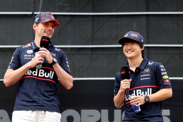 Max Verstappen of the Netherlands and Oracle Red Bull Racing and Yuki Tsunoda of Japan and Oracle Red Bull Racing talk on the fan forums stage prior to final practice ahead of the F1 Grand Prix of Austria at Red Bull Ring on June 28, 2025 in Spielberg, Austria.