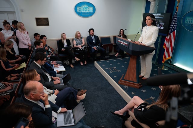 White House Director of National Intelligence Tulsi Gabbard talks to reporters in the Brady Press Briefing Room at the White House on July 23 in Washington, DC.