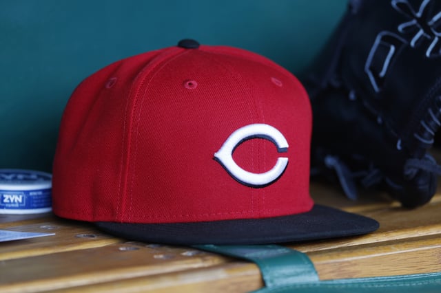 A detailed view of Cincinnati Reds New Era baseball hat against the Pittsburgh Pirates at PNC Park on May 19, 2025 in Pittsburgh, Pennsylvania.