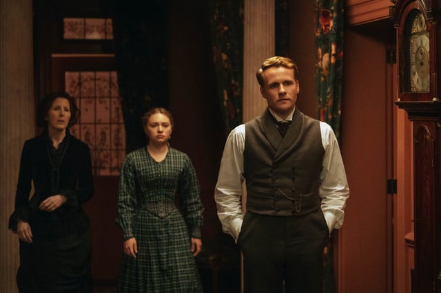 Lady Brightlingsea (Fenella Woolgar) and two of her three children, Honoria (Mia Threapleton) and Richard (Josh Dylan), in "The Buccaneers" 