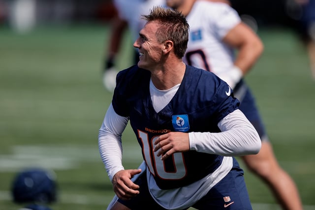 Jul 23, 2025; Englewood, CO, USA; Denver Broncos quarterback Bo Nix (10) during Denver Broncos Training Camp. Mandatory Credit: Isaiah J. Downing-Imagn Images/File Photo